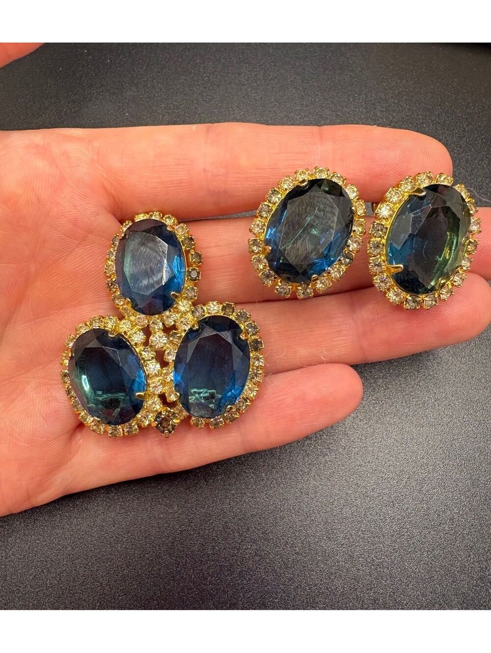 Vintage Signed HOBE Blue Rhinestone Brooch and Clip-On Earrings Demi-Parure Set
